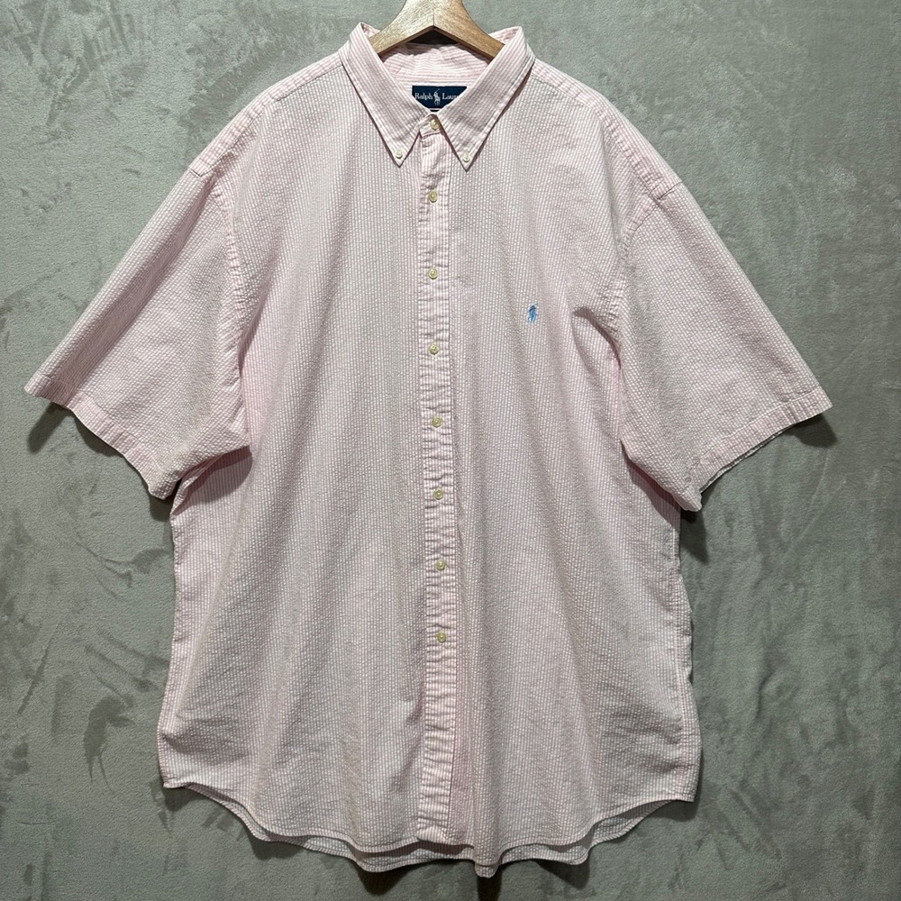 Ralph Lauren Mens 3XLT Tall Seersucker Shirt Pink White Striped Classic Fit SS
